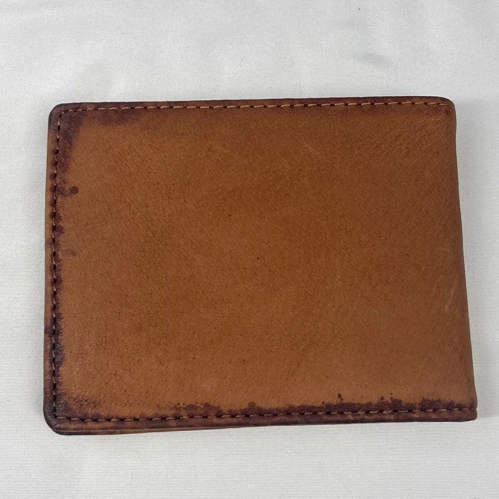 John Weitz VTG Full Grain Leather Bifold Wallet Embossed Deer Brown Billfold NOS
